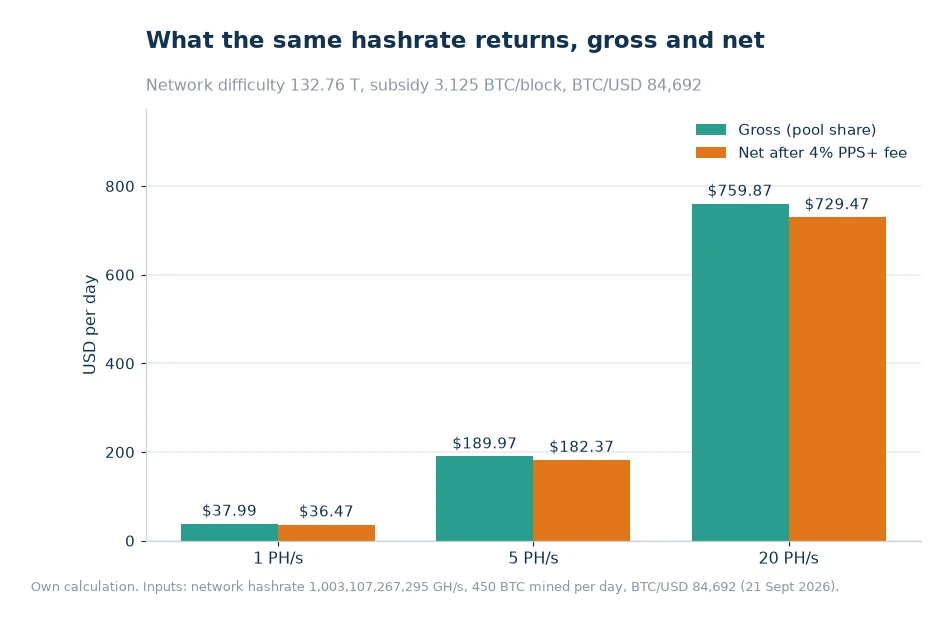 Bar chart of gross and net daily mining income in USD at 1 PH/s, 5 PH/s and 20 PH/s