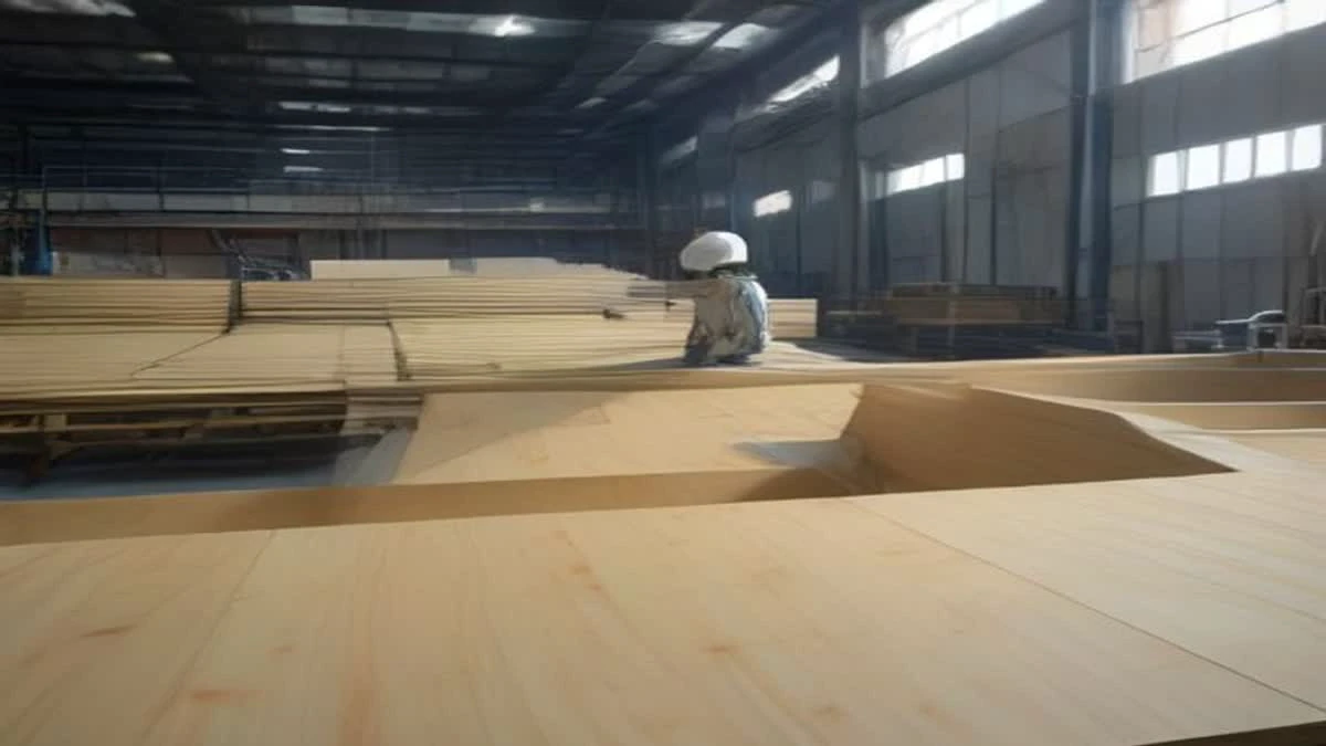 top-down flat lay of a factory production line with machinery and a worker in a hard hat checking output (illustrative image)